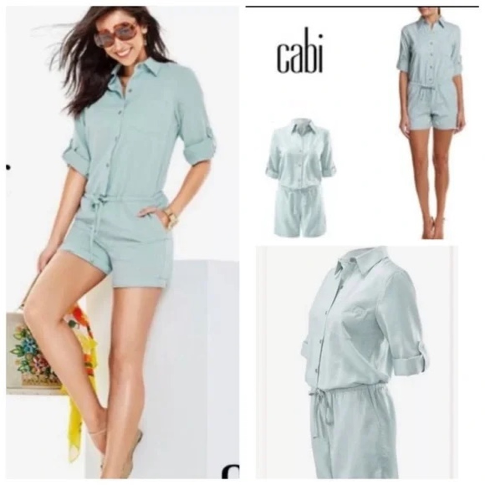 CAbi safari style 3/4 romper #5107 Alexa minty button up tie waist - Small